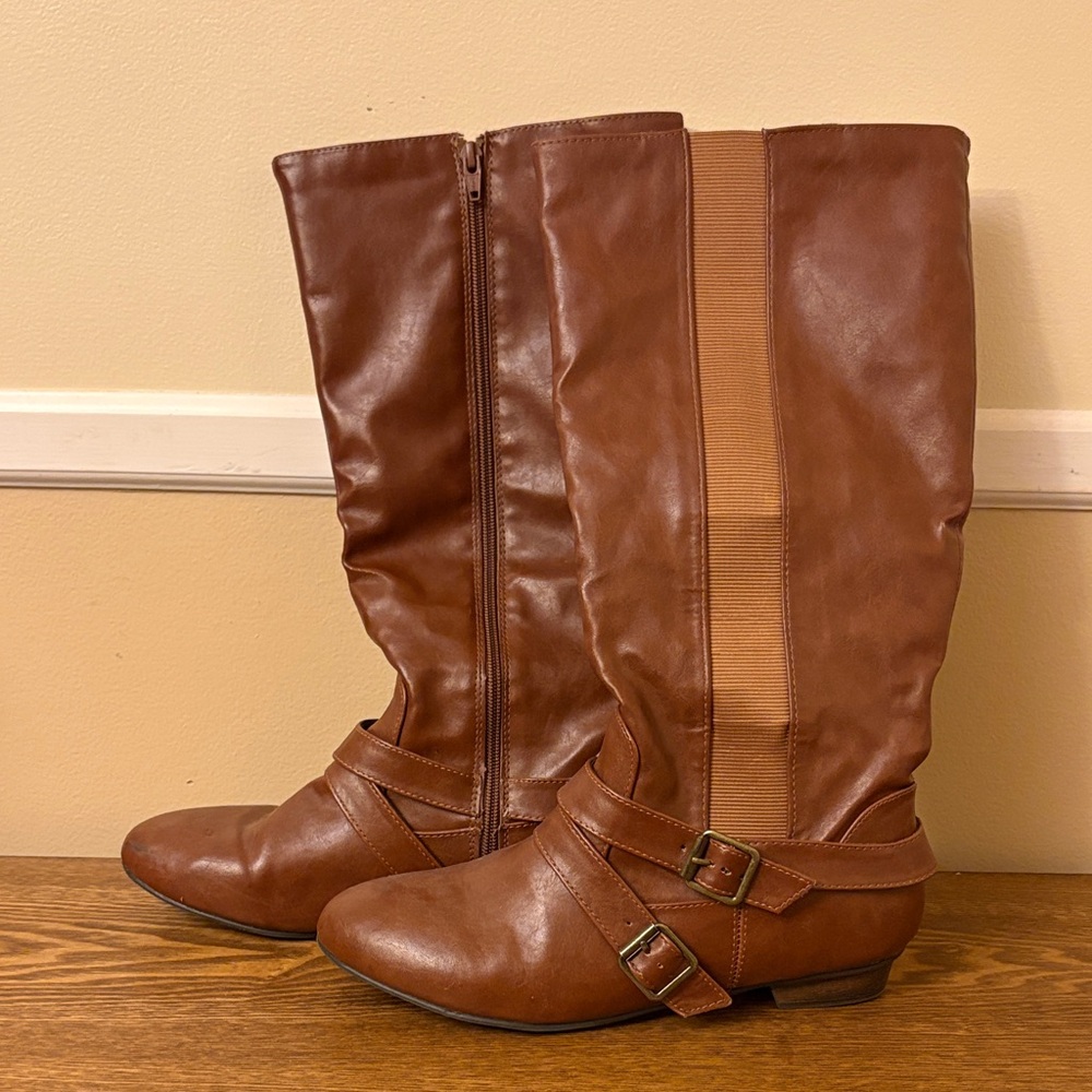 Womens Brown Faux Leather Tall Riding Boots Slouchy Buckle Zip Up Size 10M